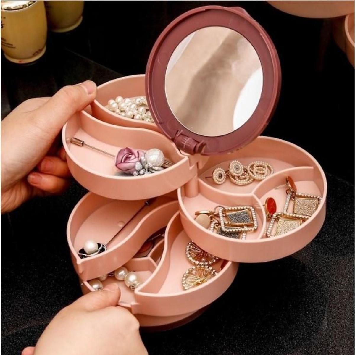 Hộp đựng trang sức 4 tầng khay xoay 360 độ có gương nhỏ gọn - HENRYSA