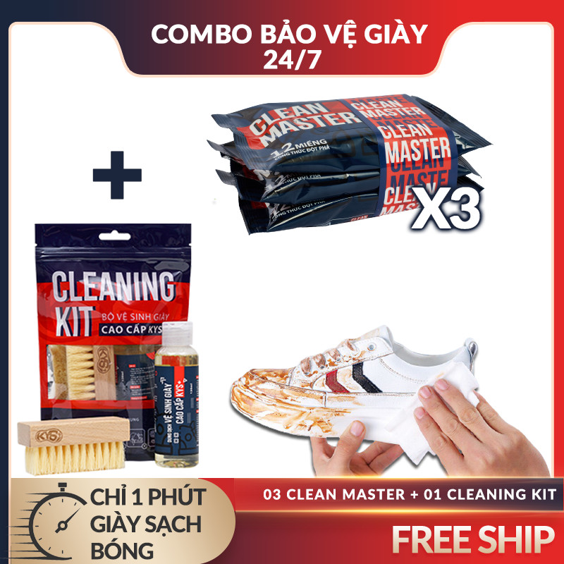 3 Gói Giấy Ướt Lau Giày Sneaker Clean Master + Bộ Dung Dịch Vệ Sinh, Bàn Chải Tẩy Trắng Làm Sạch Cho Dép, Giày Vải, Da