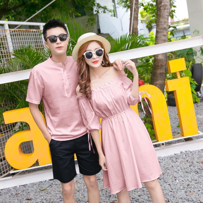 Áo đôi Áo cặp FREESHIP áo đôi váy sơ mi đôi chụp cưới, du lịch màu trắng và hồng - AV03