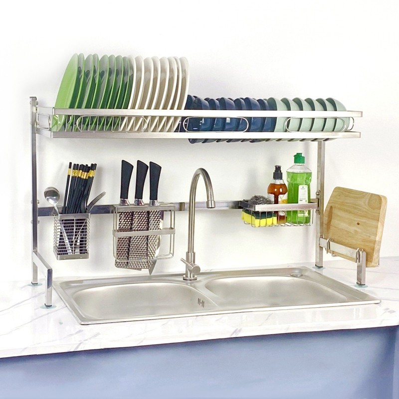 COMBO Chậu Rửa Bát 2 Hộc Có Chân Kèm Kệ Úp Chén Đa Năng - Gồm chậu, kệ úp chén, vòi lạnh Luxta, tặng rổ rút, vòi hút xà bông
