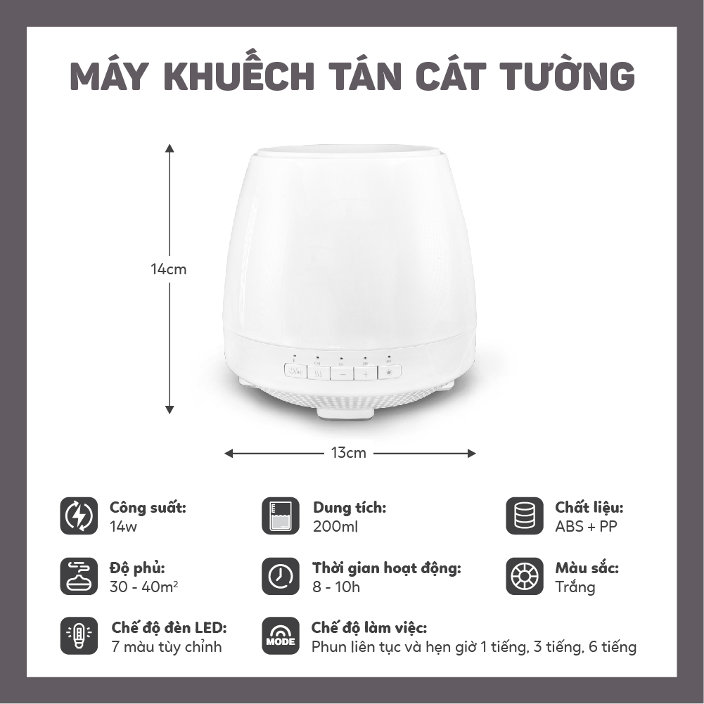 Máy xông tinh dầu Cát Tường HAEVA cho phòng ngủ,tính năng Phát nhạc Bluetooth ,có 7 đèn Led tuỳ chỉnh