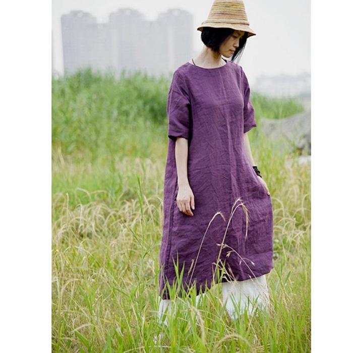 Đầm suông linen cổ tròn cơ bản trẻ trung không kén dáng mặc