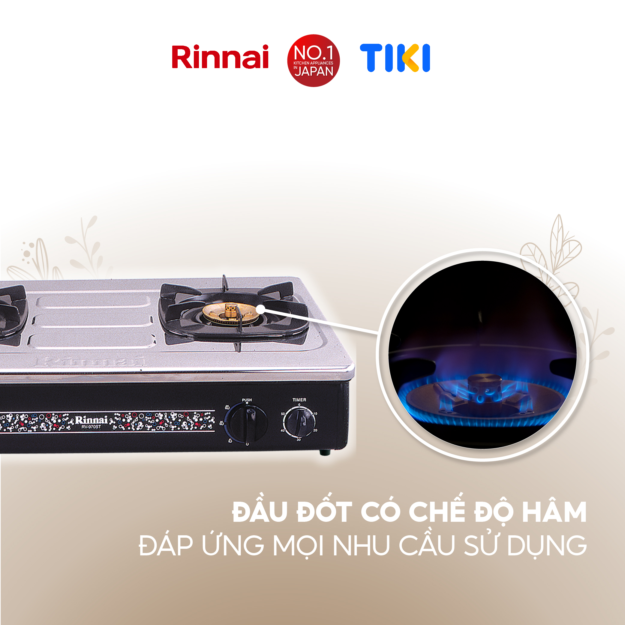 Bếp gas dương Rinnai RV-970(GL) mặt bếp kính và kiềng bếp men - Hàng chính hãng