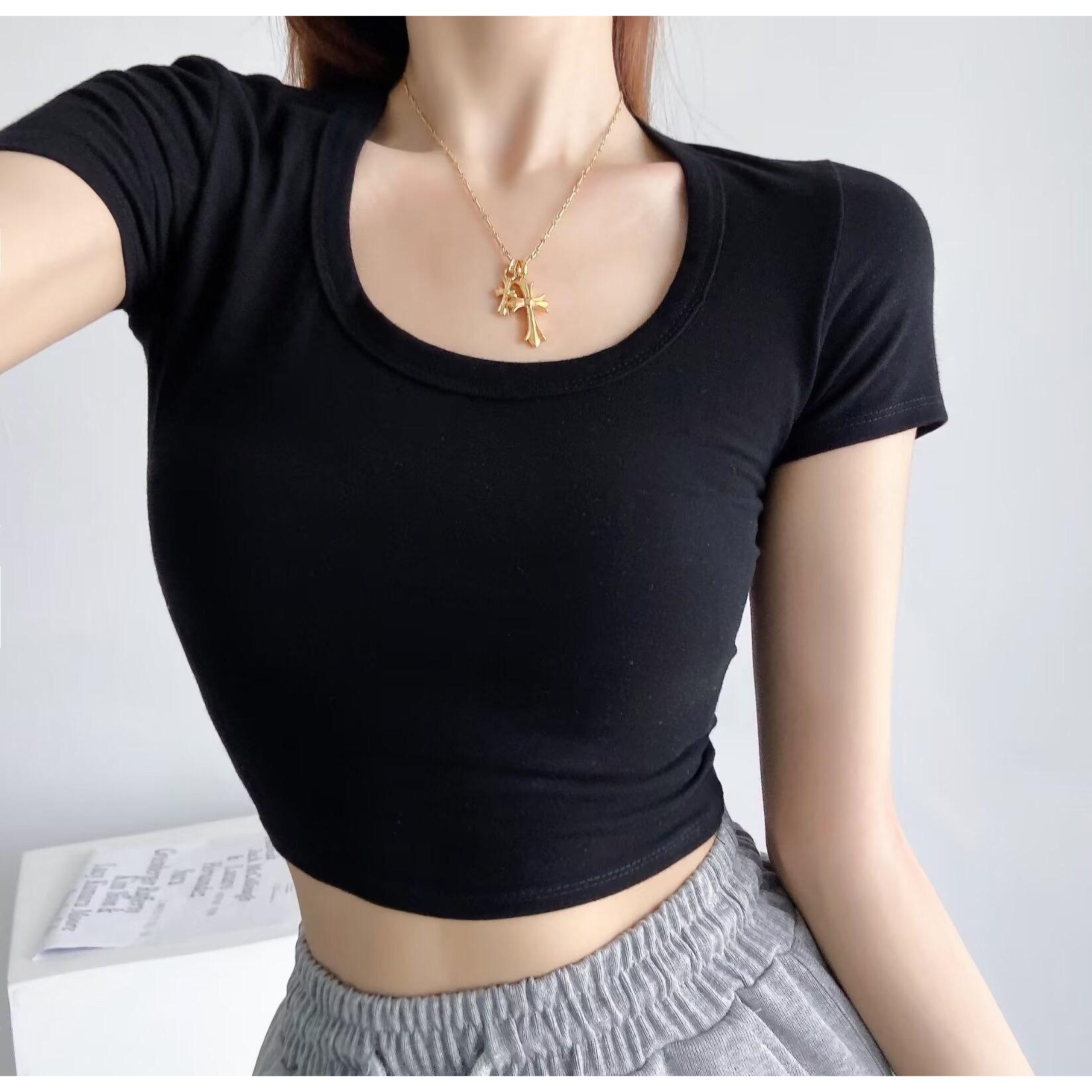 Áo Thun Croptop Ngắn Tay Cổ Chữ U Khoét Ngực Gợi Cảm Cho Nữ hottrend siêu xinh cotton co giãn