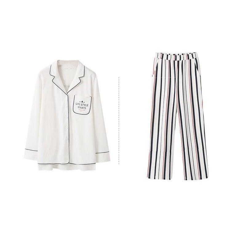 Bộ pyjama nữ vải thun cotton áo trắng Life style họa tiết kẻ sọc
