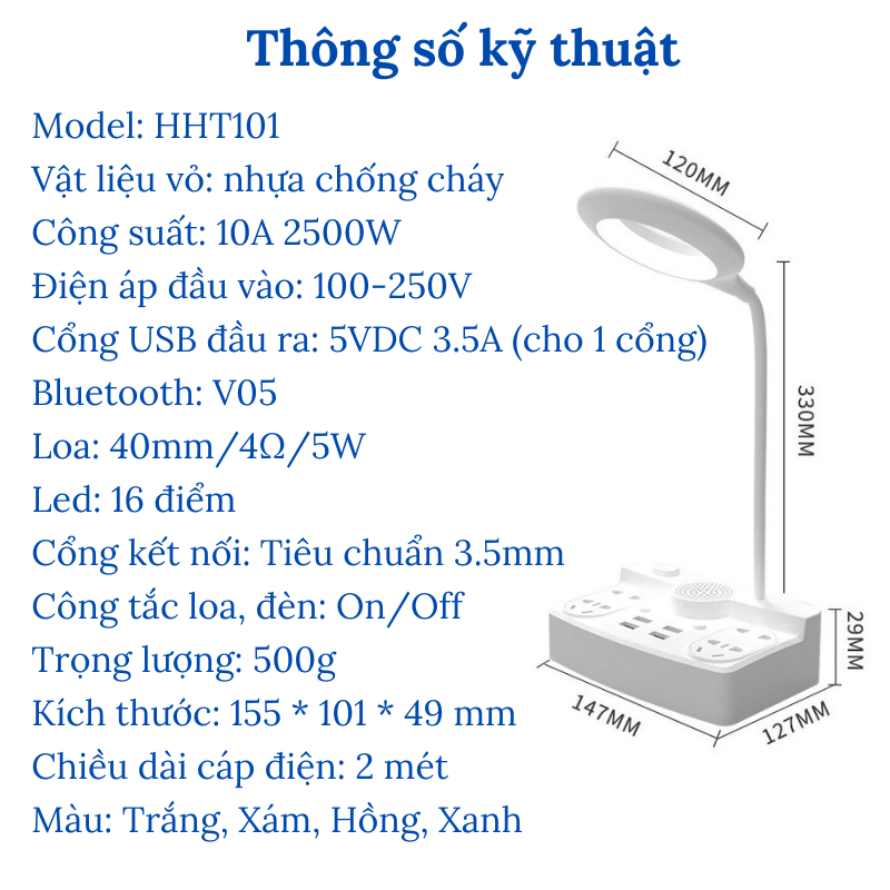 Đèn Học LED Để Bàn Tích Hợp Loa Bluetooth Và Ổ Cắm Điện Đa Năng Có 4 Cổng USB 3.5A Bugu HHT101 Có Giá Đỡ Điện Thoại Tiện Dụng