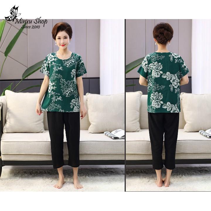 Bộ mặc nhà trung niên cách tân vải cotton lụa, áo ngắn tay quần lửng sang trong lịch sự cho bà cho mẹ (Mã N