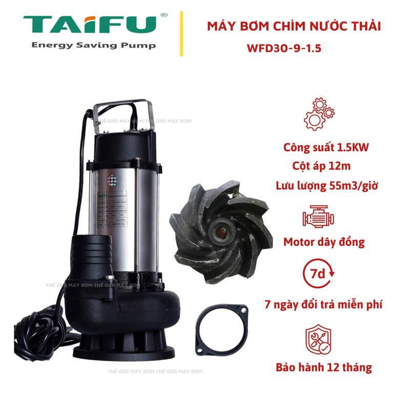 Máy bơm chìm nước thải 1.5Kw (2HP) Thân INOX 304 TAIFU WFD30-9-1.5 - Bảo hành 1 năm