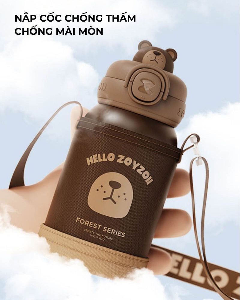 Bình nước giữ nhiệt cho bé Zoyzoii E8 có túi đựng Thermos cup, chất liệu inox 316 cao cấp, nắp chống rò nước an toàn, hình thú đáng yêu - Hàng chính hãng