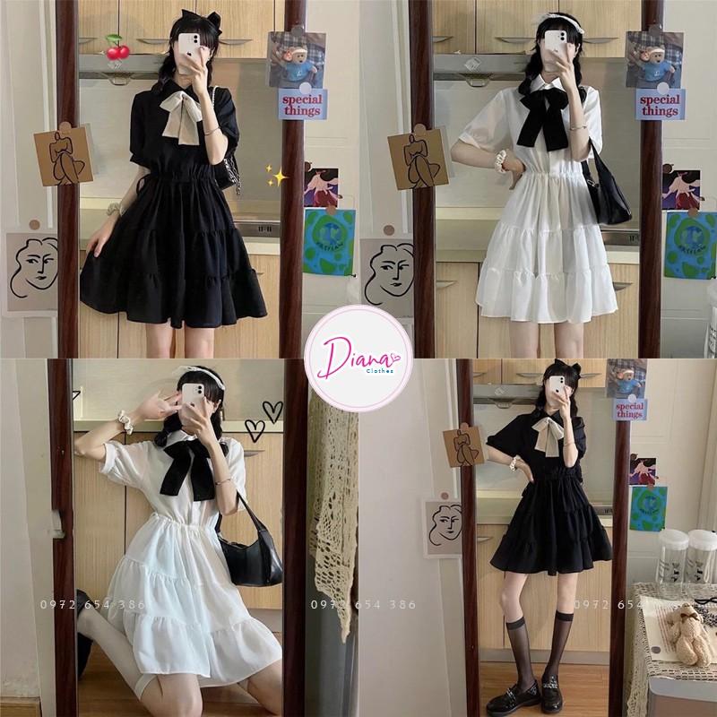 Váy nữ đầm babydoll cổ nơ - Màu đen trắng - dáng xoè tay phồng kiểu dáng Hàn Quốc