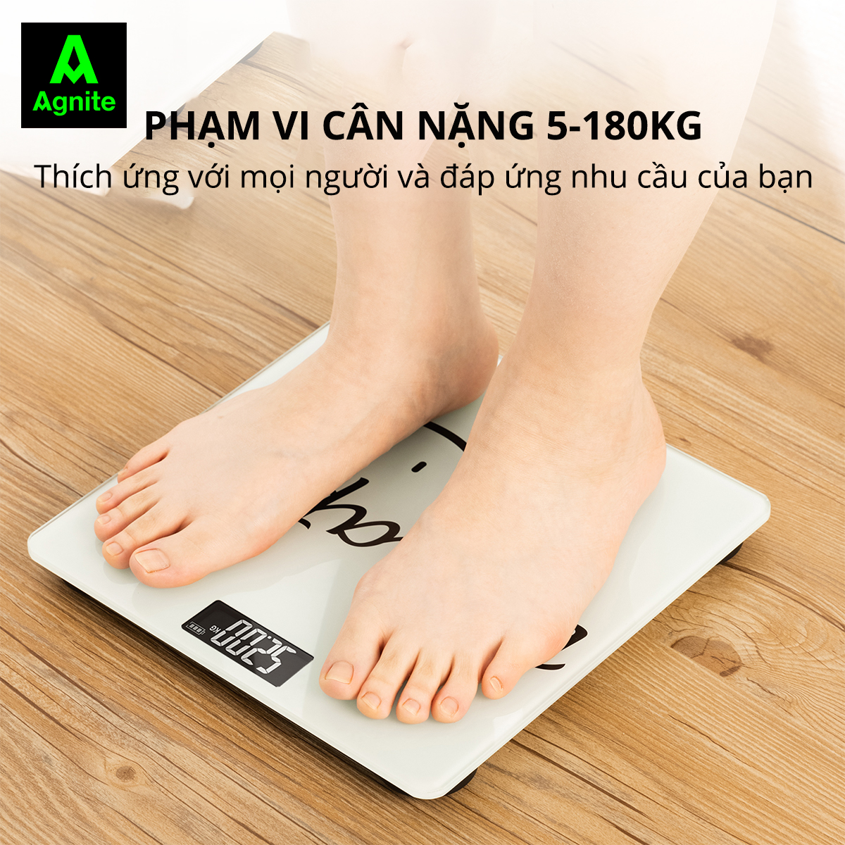 Cân Điện Tử Sức Khoẻ Thể Thao Thông Minh Mặt Vuông Kính Cường Lực Chịu Lực 180Kg Agnite x Deli - Nhiều Màu Sắc - E86120