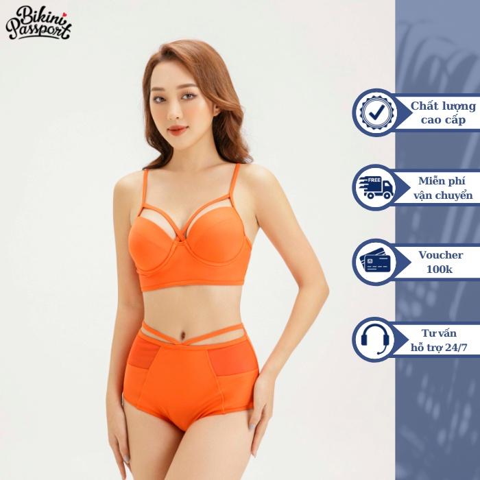 Đồ bơi NỮ BIKINI PASSPORT kiểu Hai mảnh quần lưng cao phối lưới - màu Cam - BS077_OR