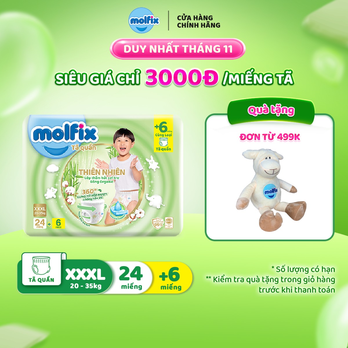 Tã/bỉm quần Molfix Thiên nhiên Jumbo XXXL - Gói 24+6 miếng