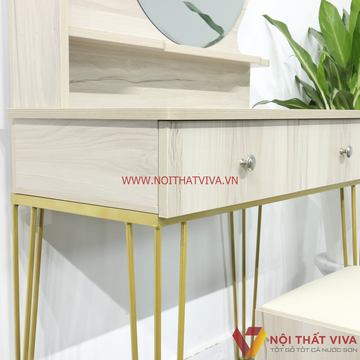 Bàn Trang Điểm Gỗ MDF Melamine Màu Sữa Chân Sắt 2 Ngăn Kéo Gương Tròn