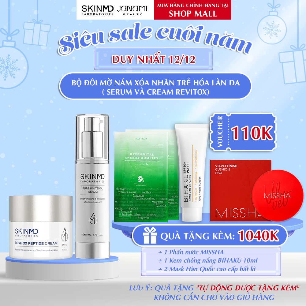 Combo xóa nhăn mờ nám SKINMD PURE WHITENOL SERUM 50ml và SKINMD REVITOX PEPTIDE CREAM 50g cải thiện độ săn chắc và đàn hồi, trẻ hóa da