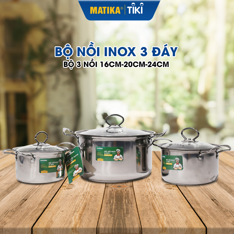 Bộ Nồi Inox 3 Đáy POVENA PVN-C3 Kích Thước 16cm – 18cm – 24cm - Hàng Chính hãng
