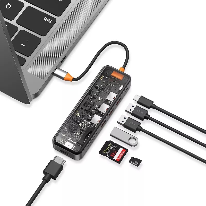 Hub Wiwu Cyber 7 in 1 CB007 USB3.0*3+SD/TF+HDMI+PD tương thích rộng rãi vơi máy tính bảng, máy tính xách tay và điện thoại di động, thiết kế trong suốt nhìn rõ từng chi tiết - Hàng chính hãng
