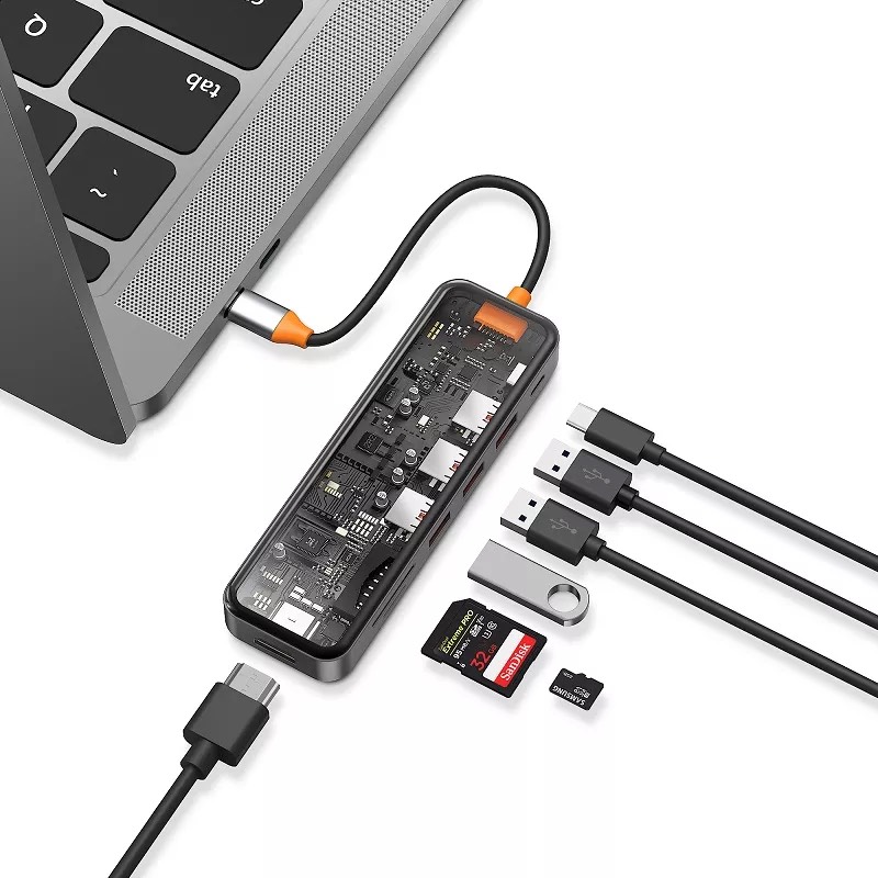 Hub Wiwu Cyber 7 in 1  CB007 USB3.0*3+SD/TF(3.0)+HDMI(4K30)+PD tương thích rộng rãi vơi máy tính bảng, máy tính xách tay và điện thoại di động, thiết kế trong suốt nhìn rõ từng chi tiết - Hàng chính hãng