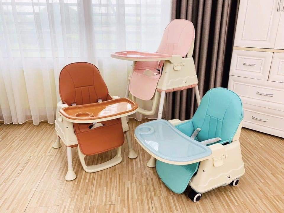 Ghế Ăn Dặm, Ghế Ăn Nâng Hạ Độ Cao Có Nệm Và Bánh Xe - Màu Xanh