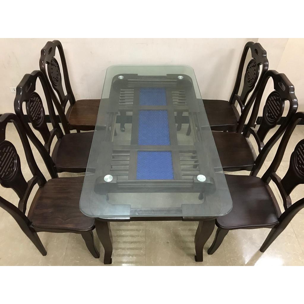 Bàn Ghế Ăn Mặt Kính 2 Tầng Gỗ Tự Nhiên Cao Cấp