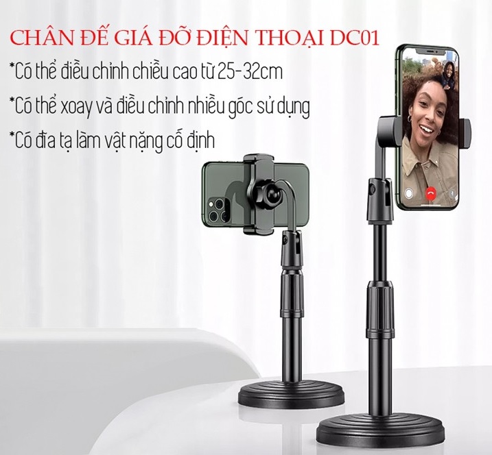 Giá Đỡ Điện Thoại DC01 Có Điều Chỉnh Chiều Cao Được 32cm - Hàng chính hãng