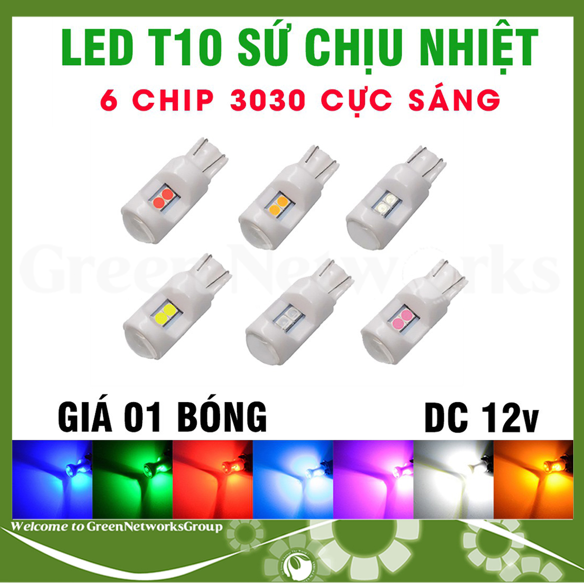 Đèn xi nhan LED T10 đúc sứ - xi nhan demi cho xe máy T10 6 Led ( 6smd 3030 ) DC 12V Green Networks Group ( 1 Đèn )