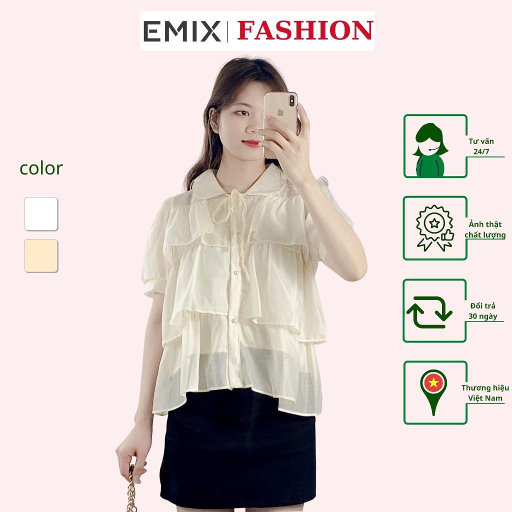 Áo sơ mi công sở bèo tầng EMIX , retro, dáng ngắn, cộc tay, form rộng, xếp bèo tầng, cổ tròn, chất tơ xịn A15