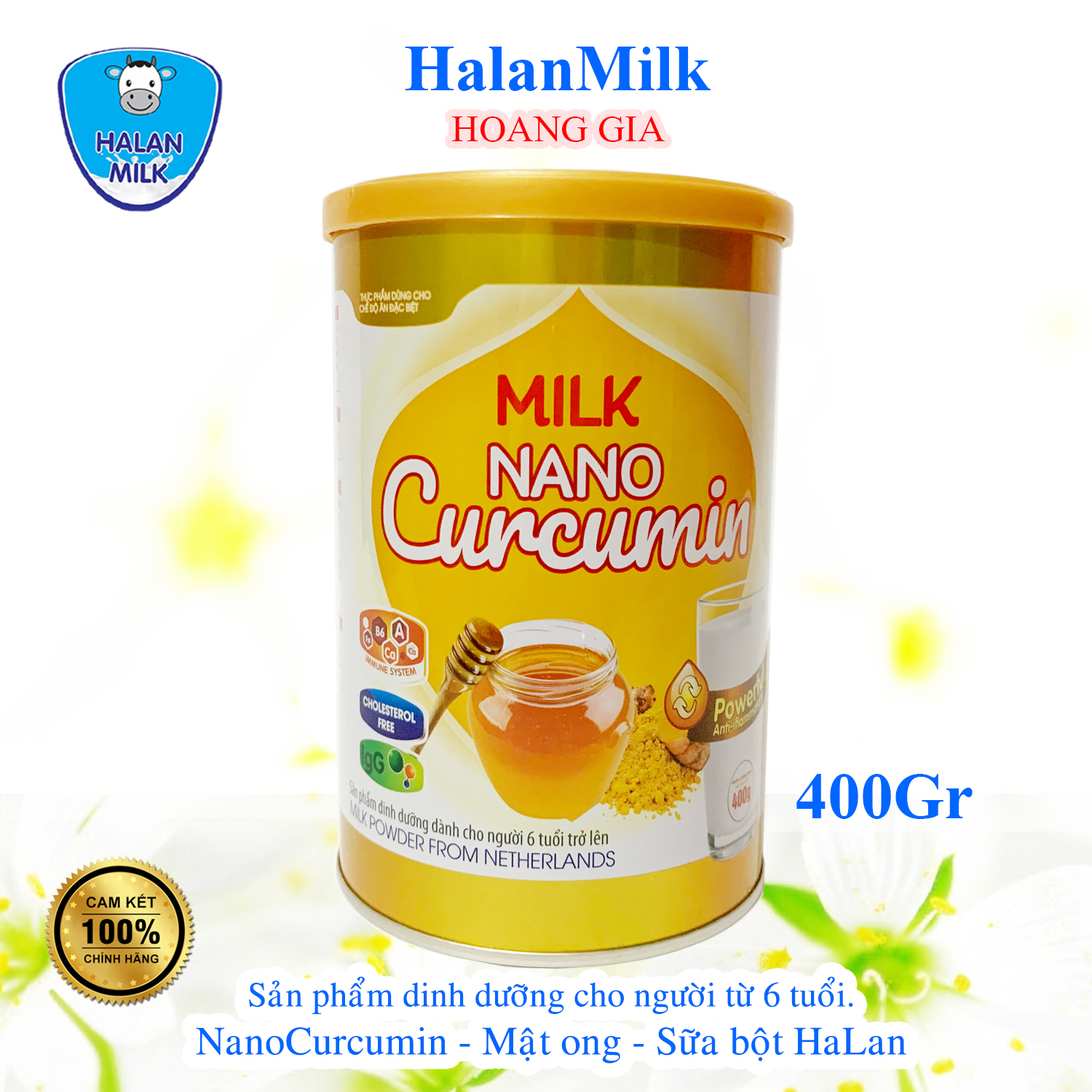 Sữa bột Nano Curcumin - Halan Milk - Sữa Ong Chúa, giảm cholesterol, tái tạo da, hỗ trợ dạ dày - 400gr