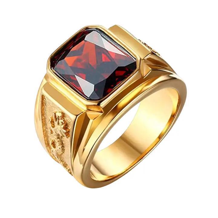 Nhẫn nam titan cao cấp kiểu chạm rồng 2 bên trangsucpt đá đỏ nhẫn màu mạ vàng thép không gỉ PTNNA255 - SIZE 10