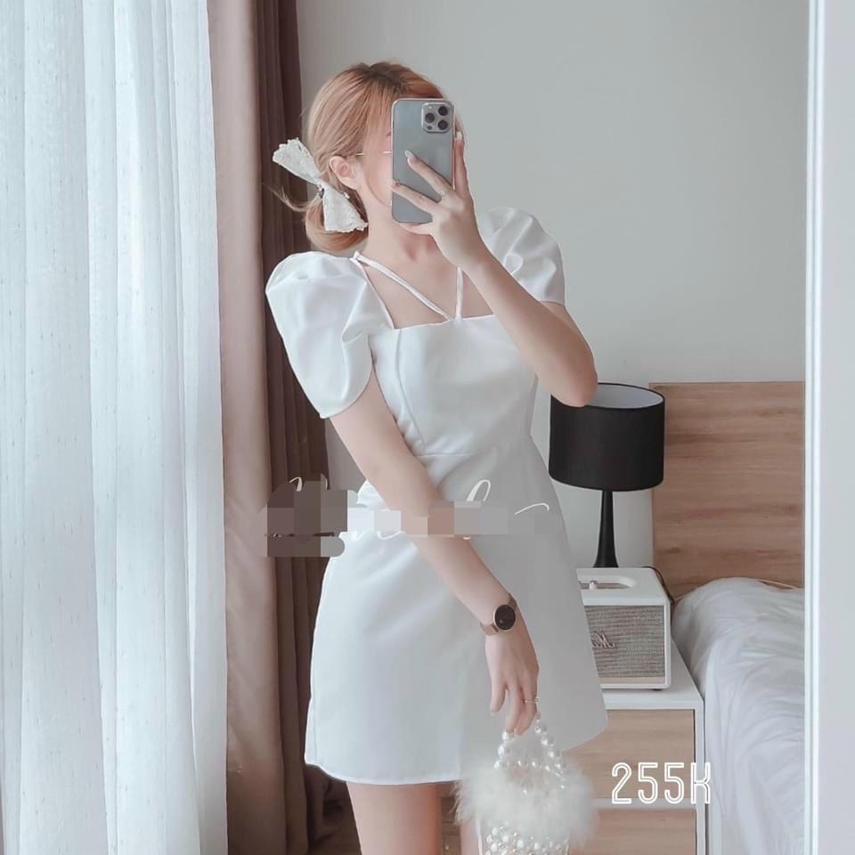 Váy đầm nữ dáng suông tay phồng cổ vuông cột nơ