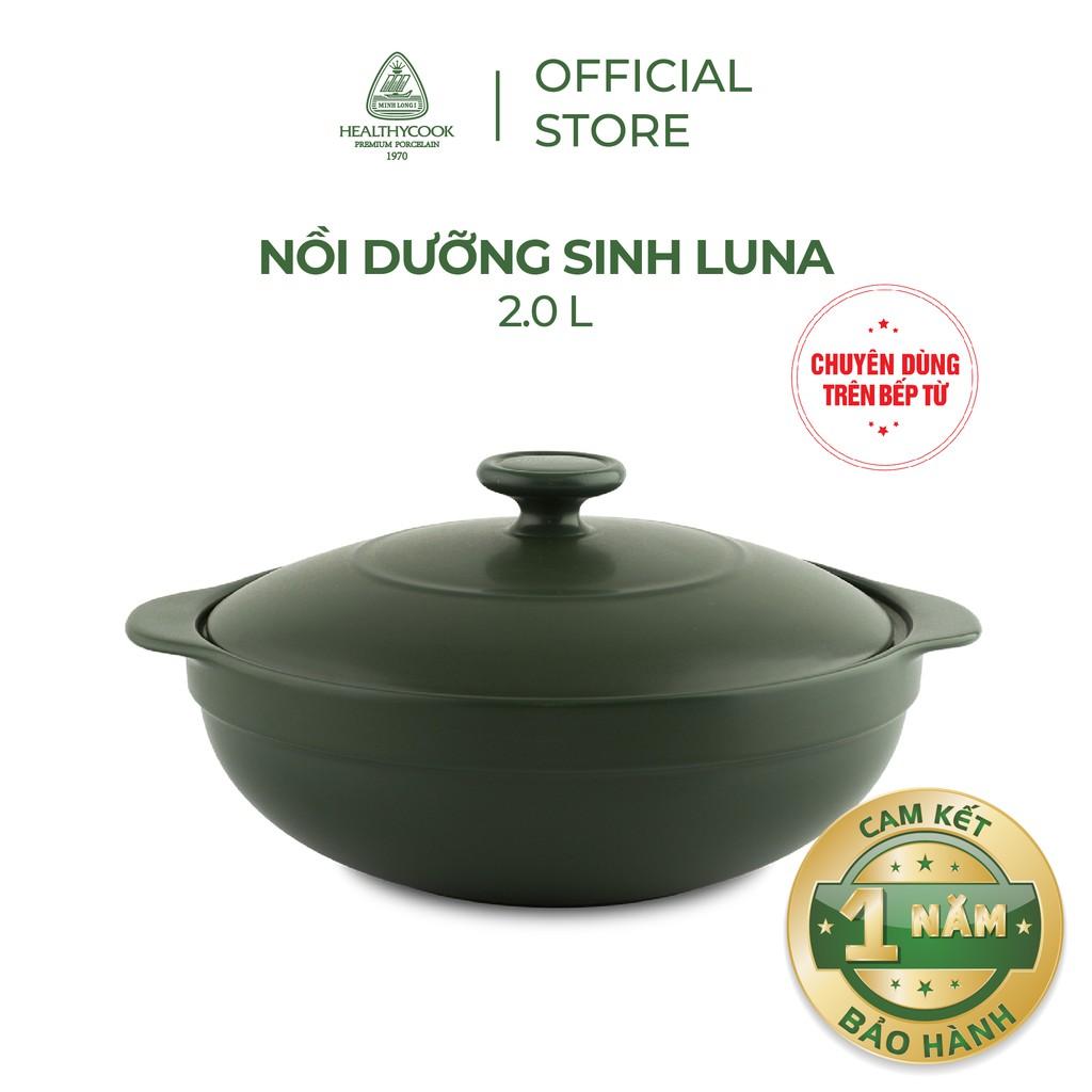 Nồi dưỡng sinh Luna (Nồi cạn) 2.0 L + nắp (CK) (bếp từ)  Healthy Cook Xanh Rêu Sứ cao cấp Minh Long