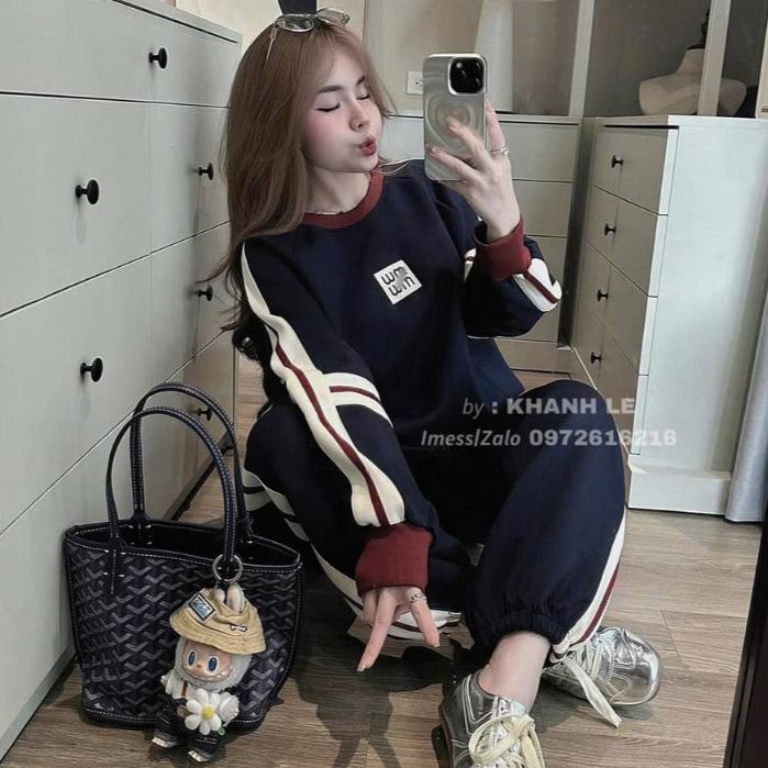 set thu đông nữ,áo mùa đông phối viền sọc in chữ miu miu mix quần nữ ống rộng bo chân T130 BY JOLIE - xanh than