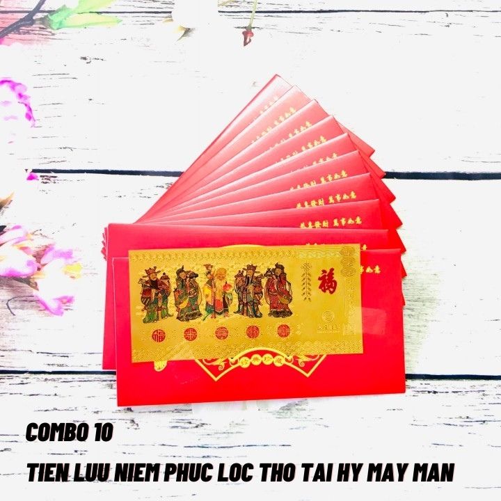 Combo 10 tờ lì xì Phúc Lộc Thọ Tài Hỷ màu vàng may mắn, chất liệu nhựa plastic, dùng để treo trong nhà, trên cây hoa mai, làm tiền lì xì, mừng tuổi, quà biếu tặng dịp Lễ Tết đầy may mắn và ý nghĩa - TMT Collection - SP005144