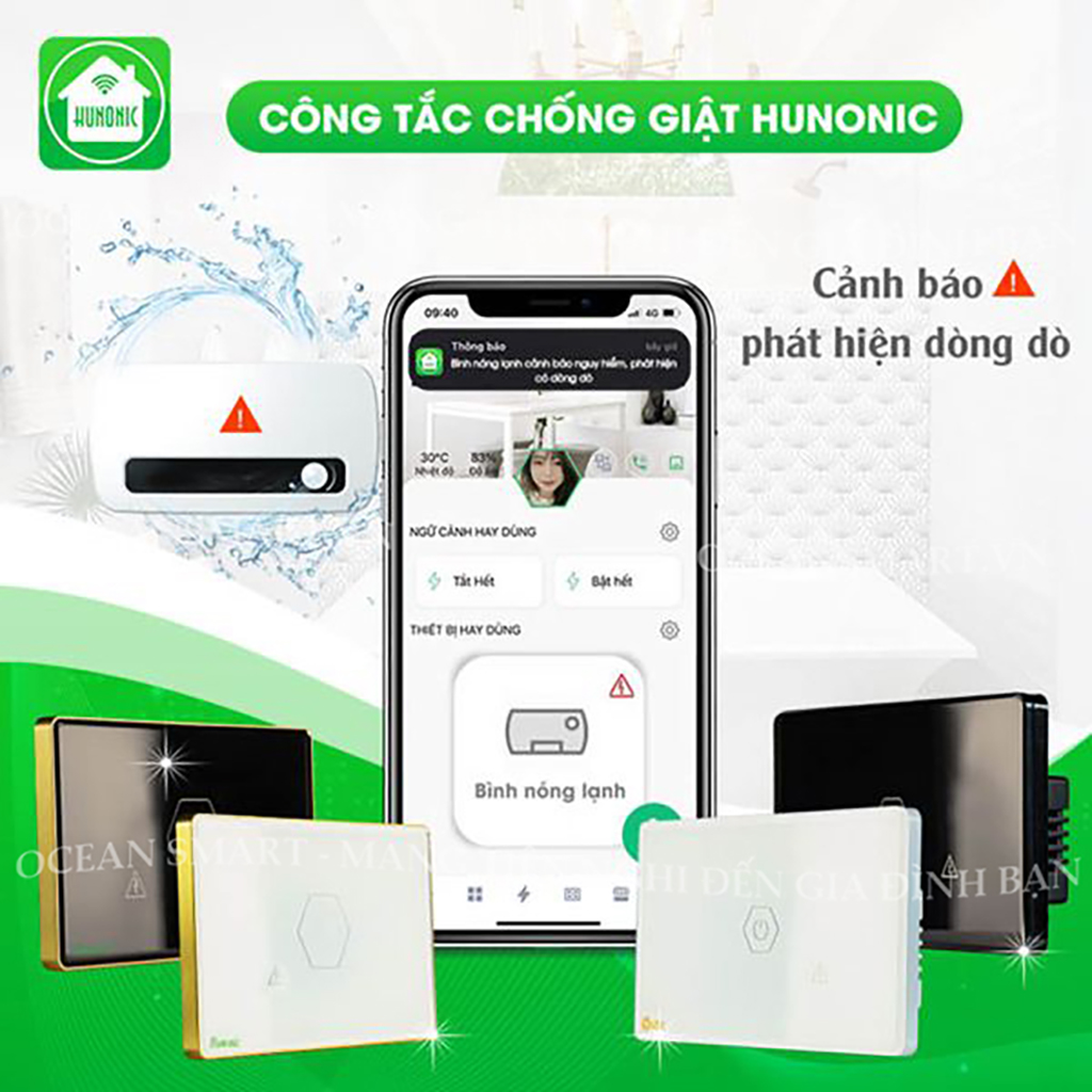 Công Tắc Thông Minh Wifi, Công Tắc Chống Giật Cho Bình Nóng Lạnh Hunonic - HNP1U