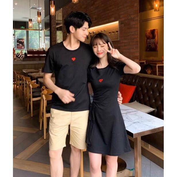 Áo đôi: Đầm thun rút dây cách điệu một bên eo + Ao thun nam cổ tròn
