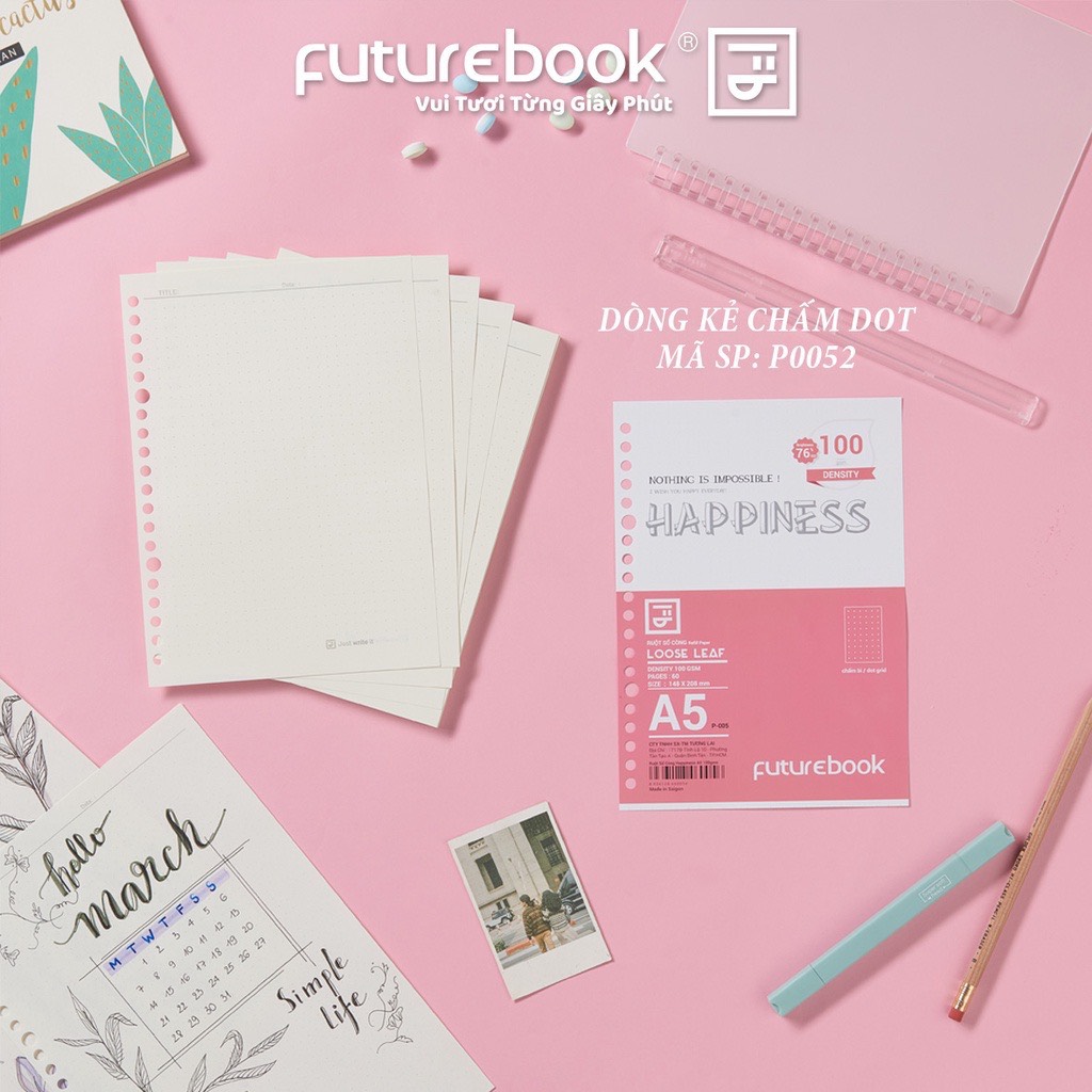 FUTUREBOOK-Ruột Sổ Còng Binder Happiness A5 20Lỗ_ Dòng Kẻ Ngang_Caro_Chấm Dot.Phù hợp với các SP SỔ CÒNG của SHOP