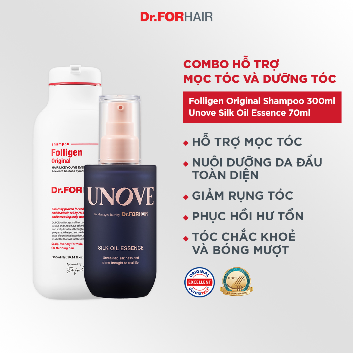 Combo gội dưỡng hỗ trợ mọc tóc nuôi dưỡng tóc và da đầu Dr.FORHAIR Folligen Original Shampoo 300ml x Unove Silk Oil Essence 70ml