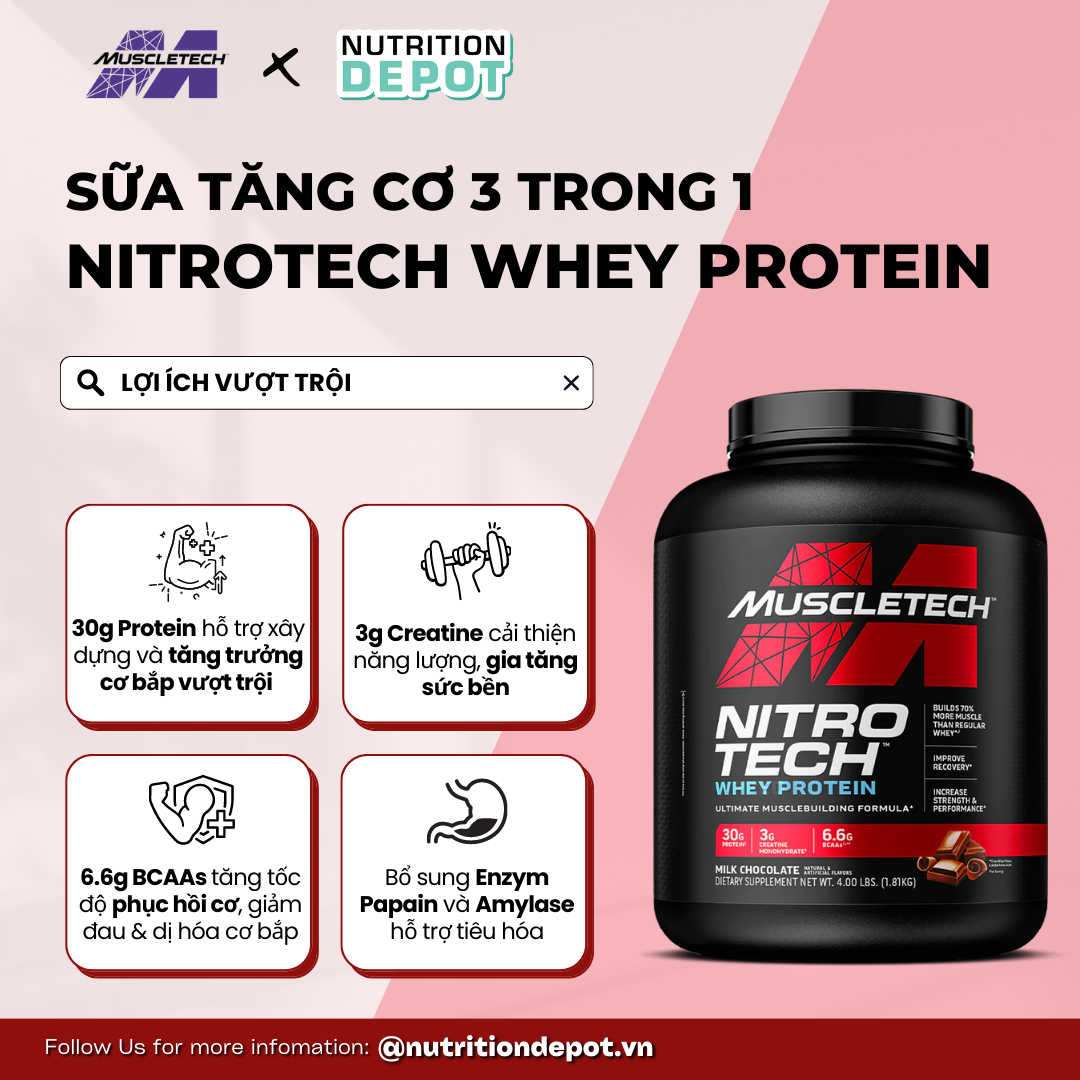 Sữa tăng cơ Nitrotech Whey Protein Muscletech 4lbs - Hỗ trợ tăng cơ và phục hồi cơ tối đa - Nutrition Depot