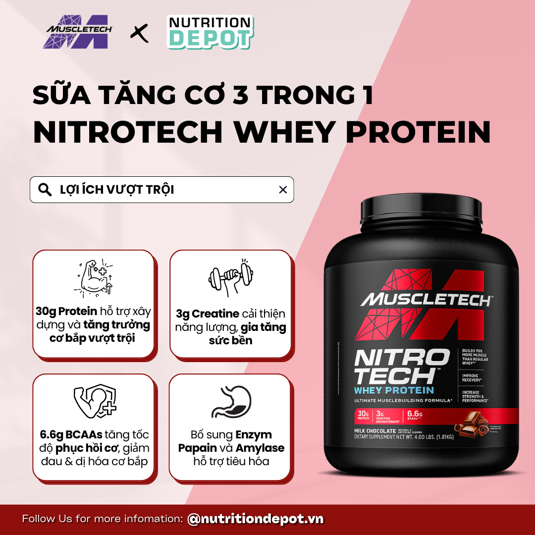 Sữa tăng cơ Nitrotech Whey Protein Muscletech 4lbs (1.8kg) - Hỗ trợ tăng cơ và phục hồi cơ tối đa - Nutrition Depot