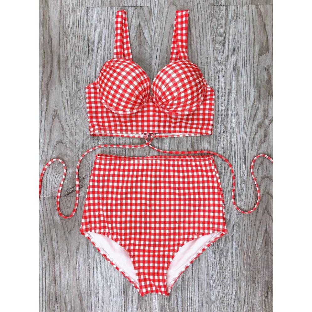 Bikini hai mảnh caro đỏ cam gọng nữ tính mặc đi biển đi bơi đẹp ( Hàng loại 1)