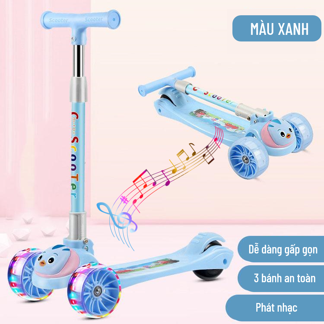 Xe Trượt Scooter Trẻ Em, Xe Trượt Scooter Cho Bé Có Đèn LED Phát Nhạc, Phát Sáng, Chất Liệu Nhựa PP An Toàn, Gọn Nhẹ