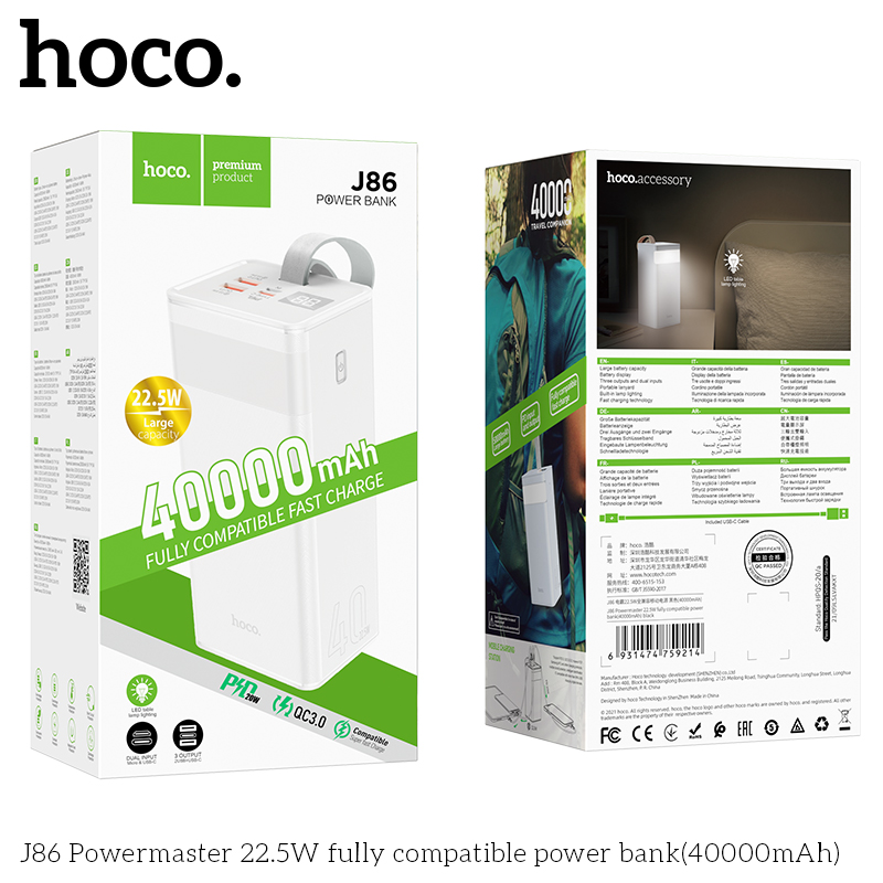 Pin Dự Phòng Sạc Nhanh Dành Cho Hoco J86 22.5W 40000Mah Qc 3.0 Và Pd20W 2 Cổng Sạc Usb Có Đèn Led Và Màn Hình Báo Pin Hàng Chính Hãng