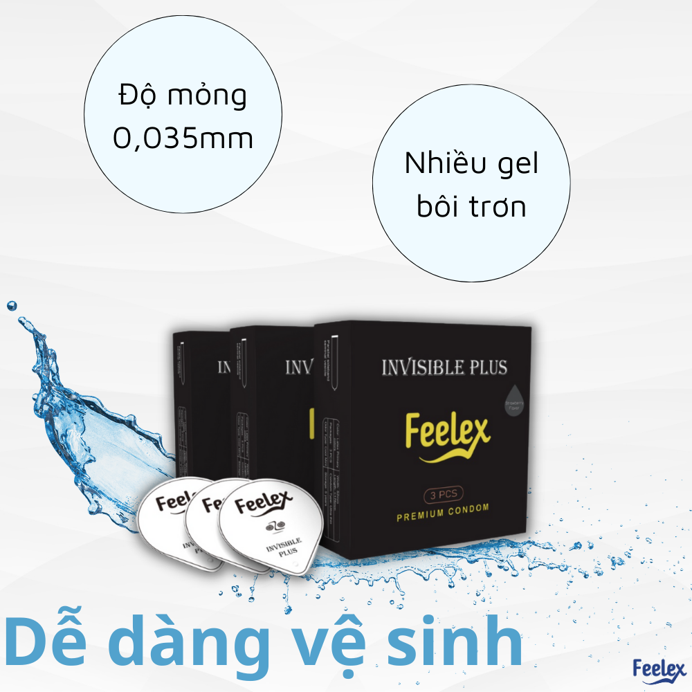 Bao cao su Feelex Invisible Plus siêu mỏng, nhiều gel bôi trơn - Hộp 03 bcs