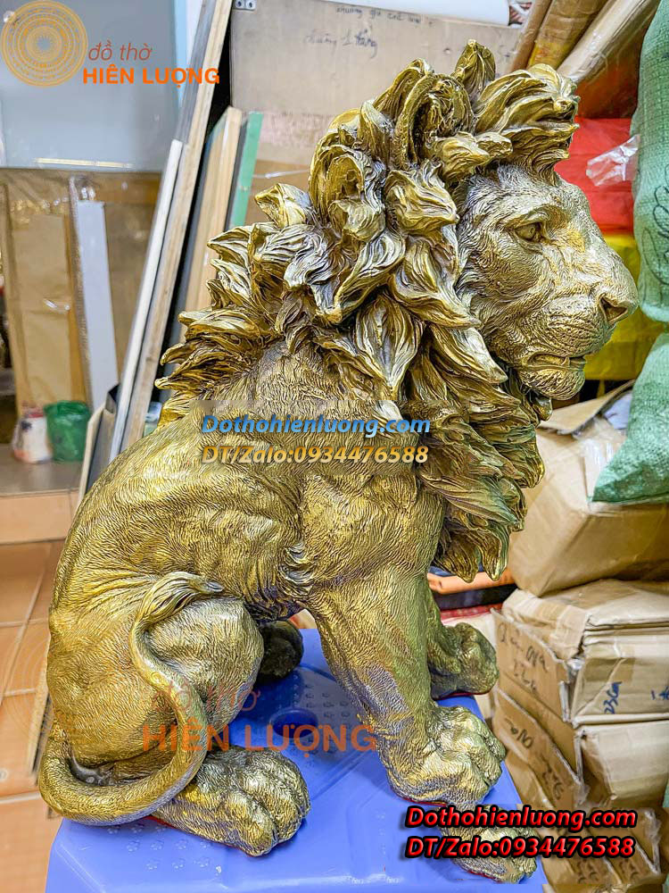 Tượng Sư Tử Ngồi Bằng Đồng Vàng Nguyên Chất Cỡ Lớn Kích Thước 30x25x40cm - Đồ Thờ Hiên Lượng