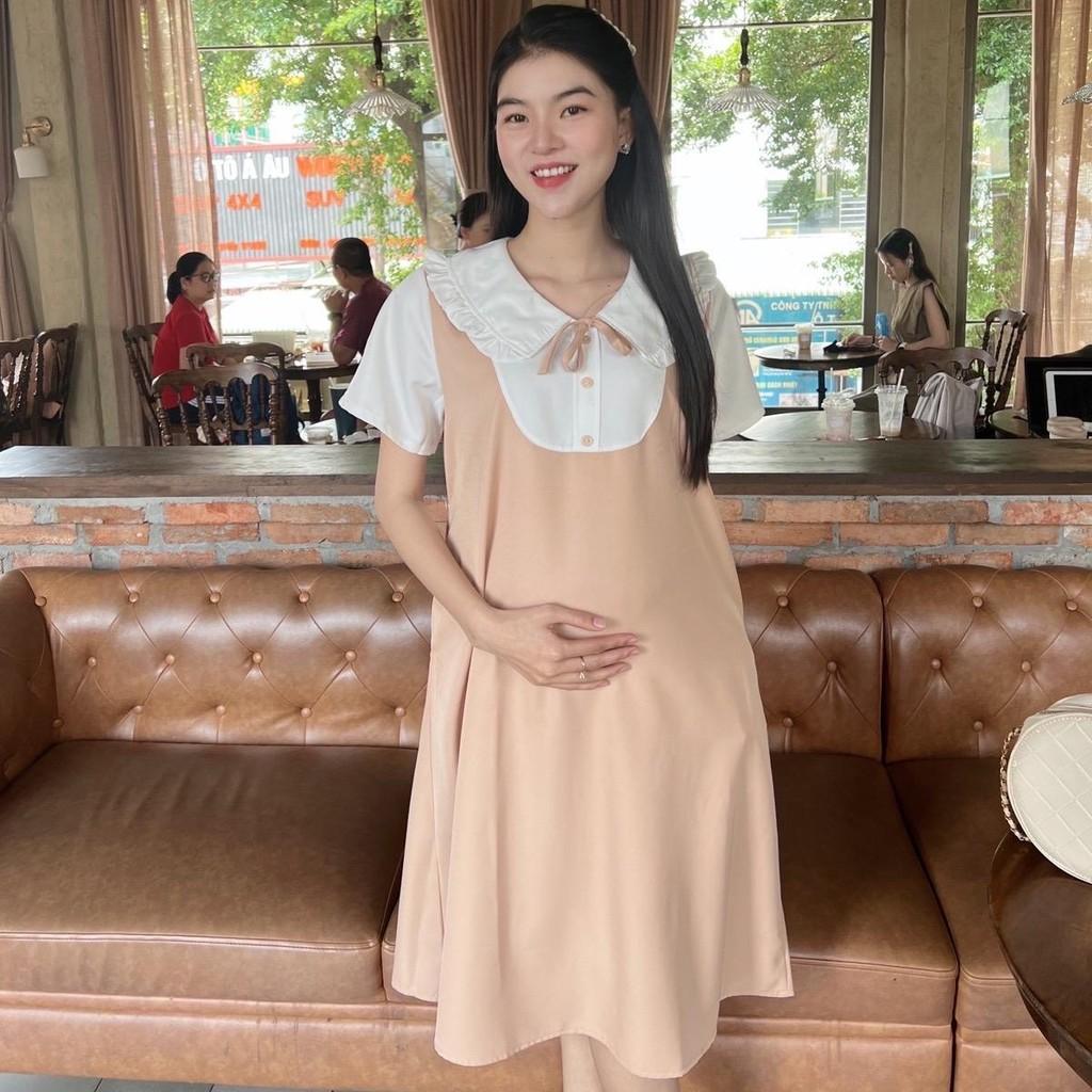 Đầm bầu giả yếm cổ sen bèo form suông công sở cotton lạnh mặc mát mẻ, trẻ trung - Hồng