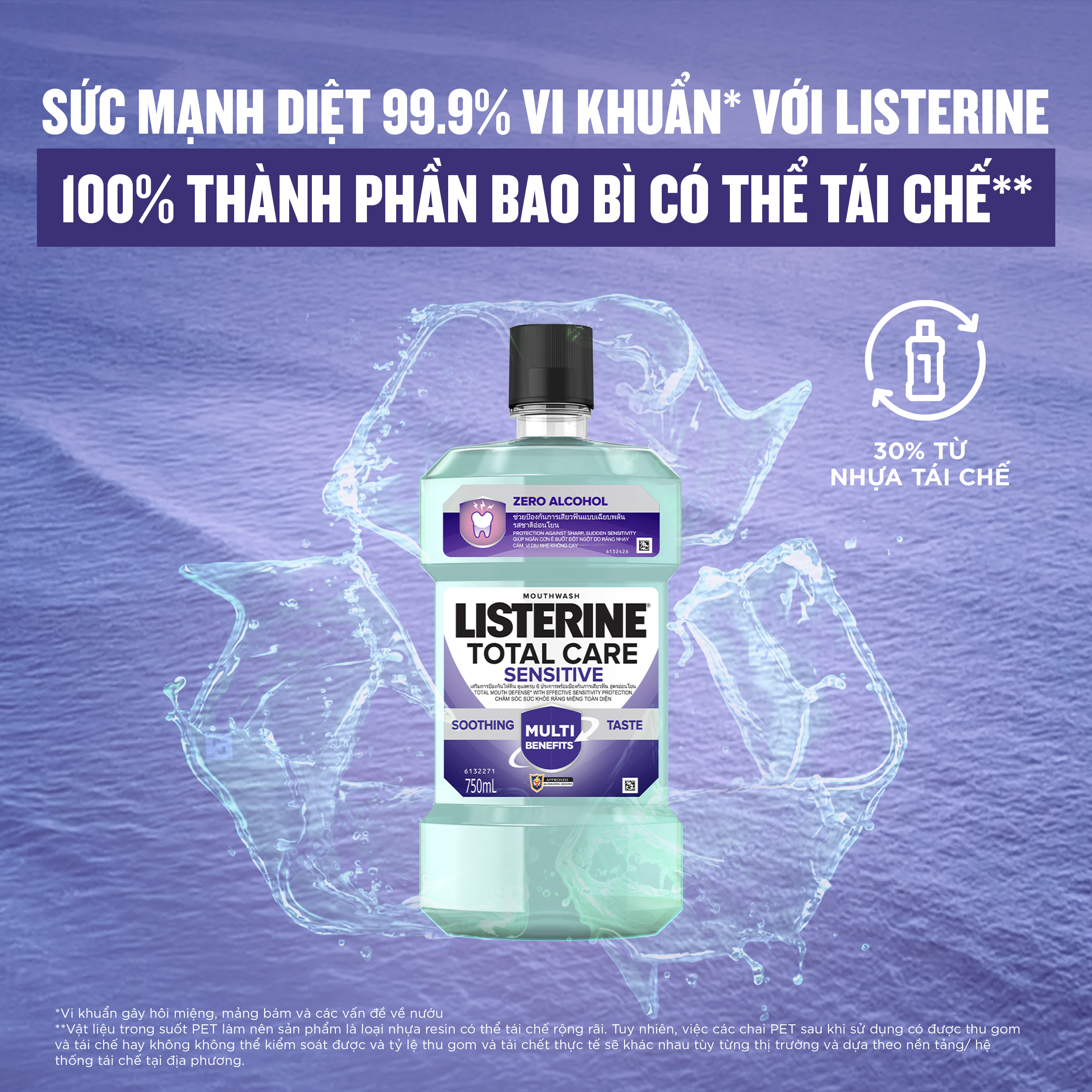 Bộ 2 Nước súc miệng cho răng nhạy cảm Listerine Total Care Sensitive Soothing Taste 750ml/chai