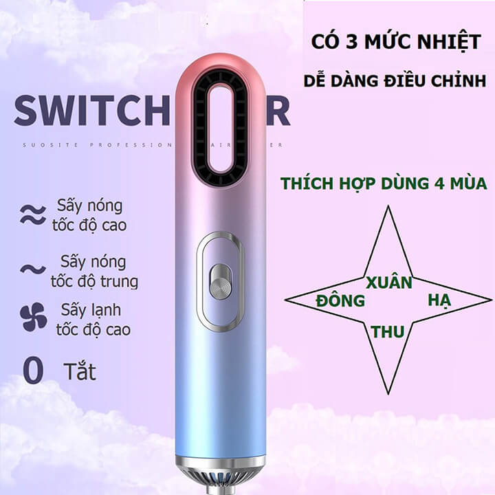 Máy sấy tóc mini nóng lạnh 800W đa năng không cánh, tạo kiểu 3 trong 1 công nghệ ION âm chống hư tổn tóc - Tặng 3 lược sấy