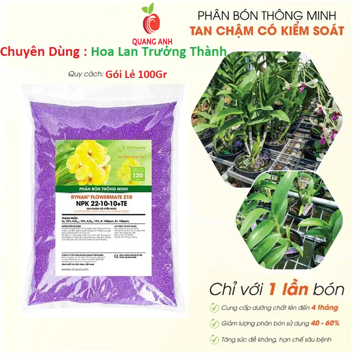 100Gr Phân Bón Tan Chậm Cho Hoa Lan Rynan 210 NPK 22-10-10+TE - Sử Dụng Cho Lan Trưởng Thành