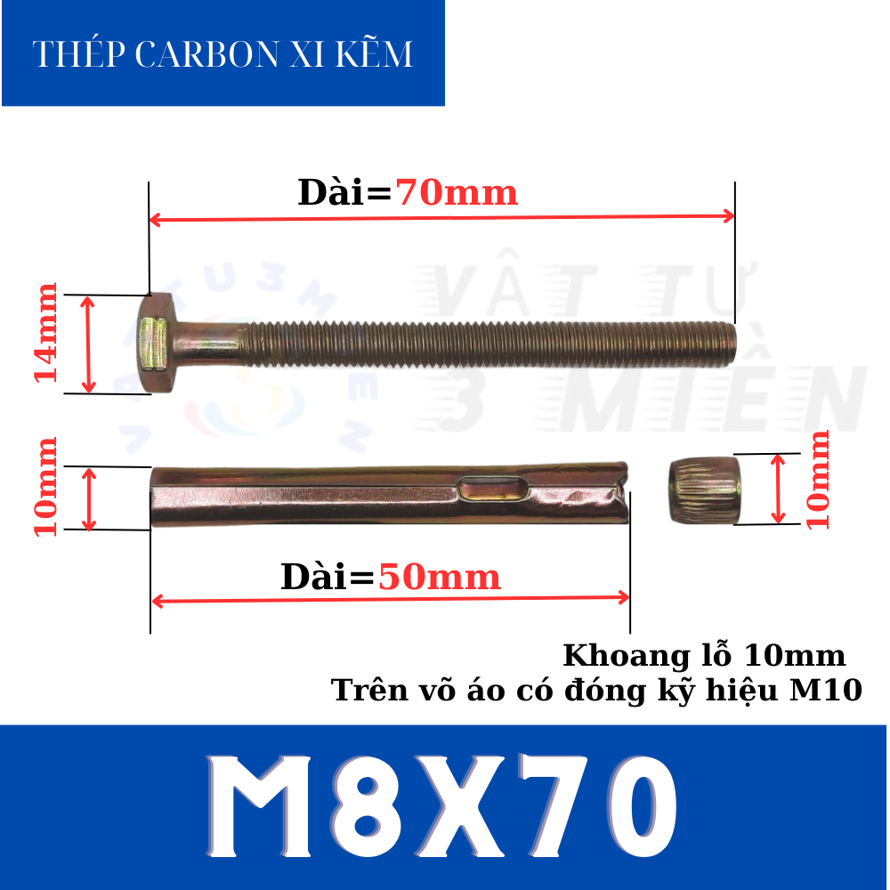 Tắc kê nở M8x70 đầu lục giác sắt xi kẽm ( Bu lông nở đầu lục giác / Vít nở đóng tường )