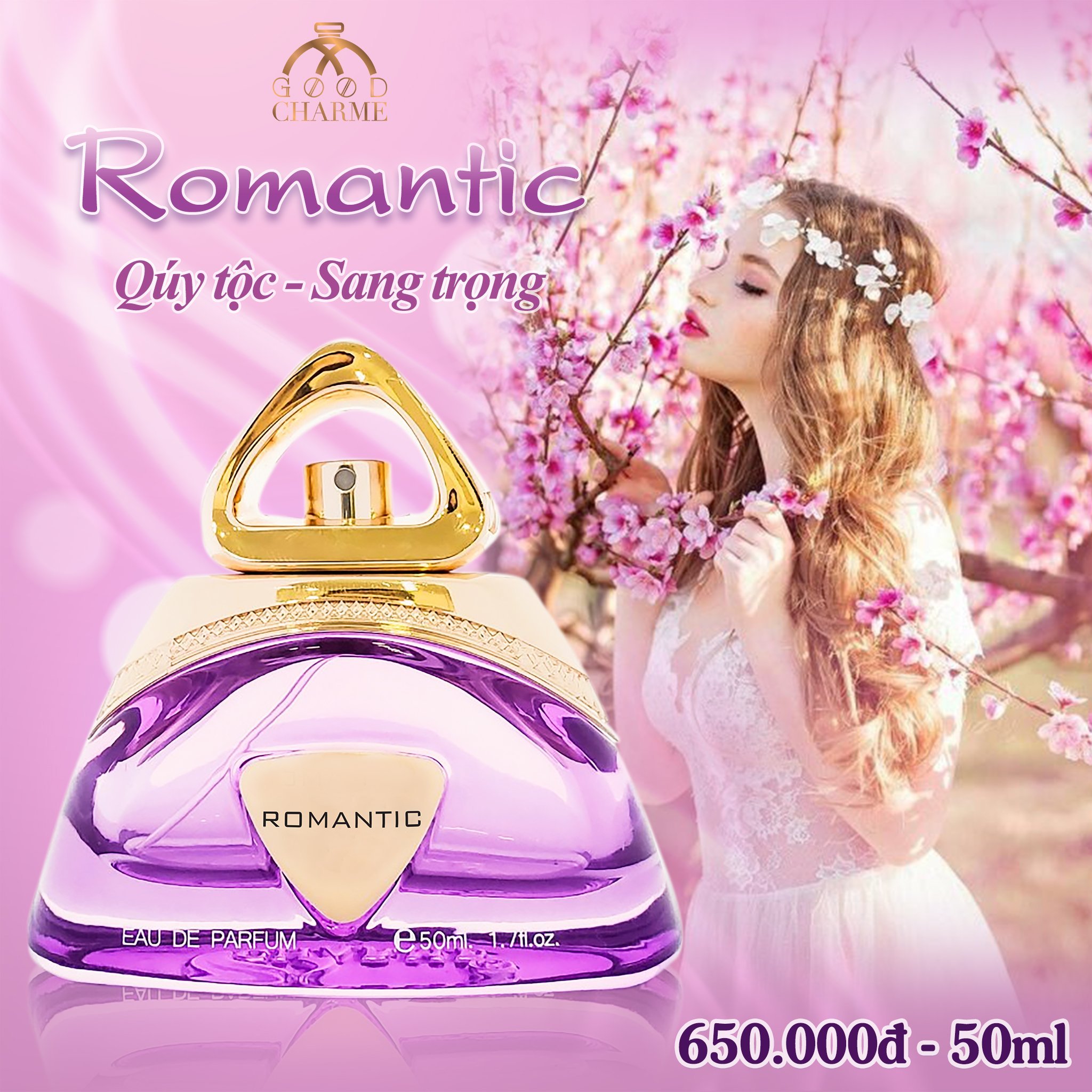 Nước hoa nữ cao cấp, Charme Romantic, chiết xuất hạt cây bụp vang, nốt hương dịu mát, ngọt ngào, 50ml